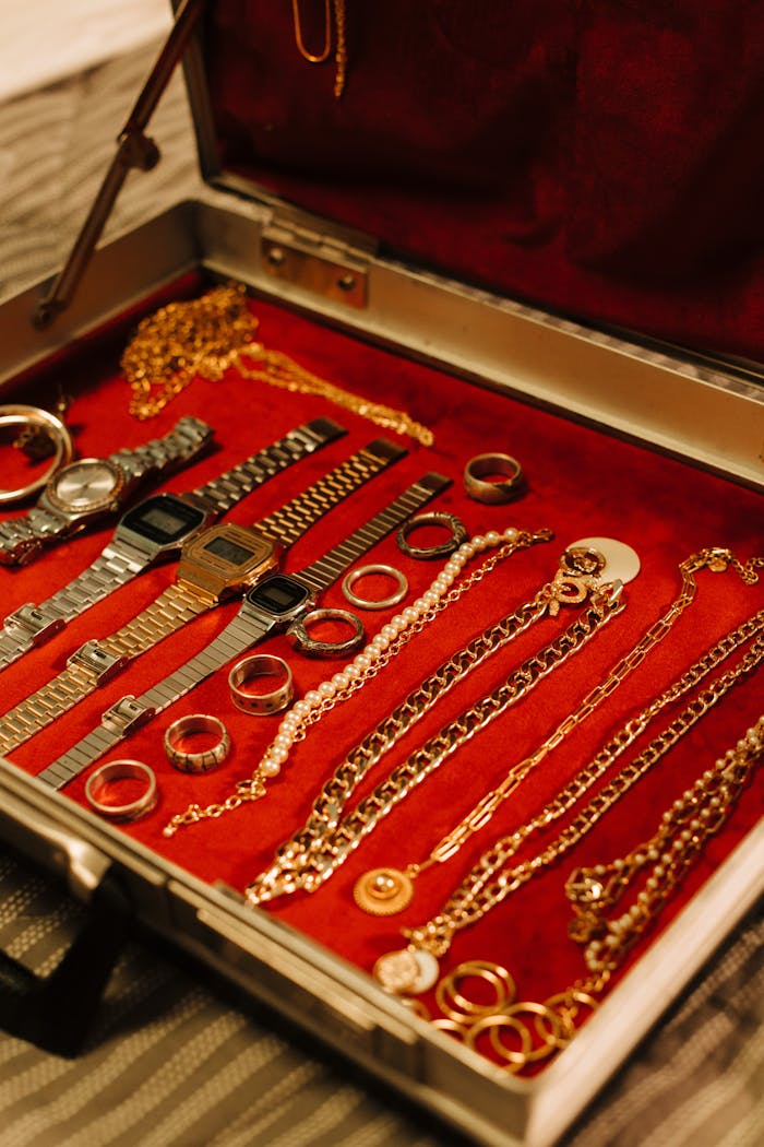 A stylish open case showcasing a luxurious collection of watches, rings, and chains.